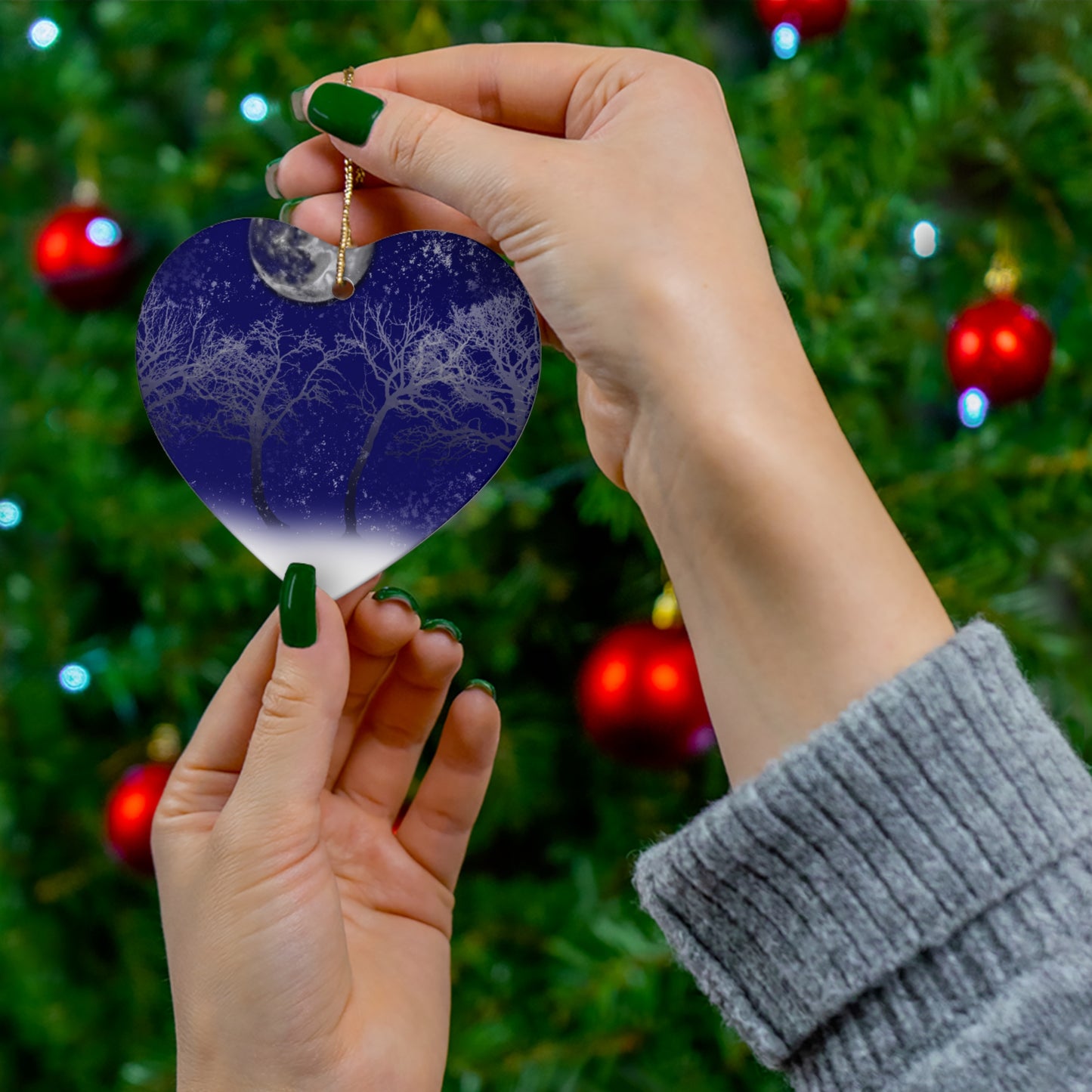 Blue Moon Snow Trees Ceramic Ornament Set