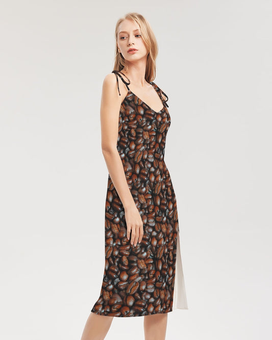 Coffee Bean Pattern Women's All-Over Print Tie Strap Split Dress