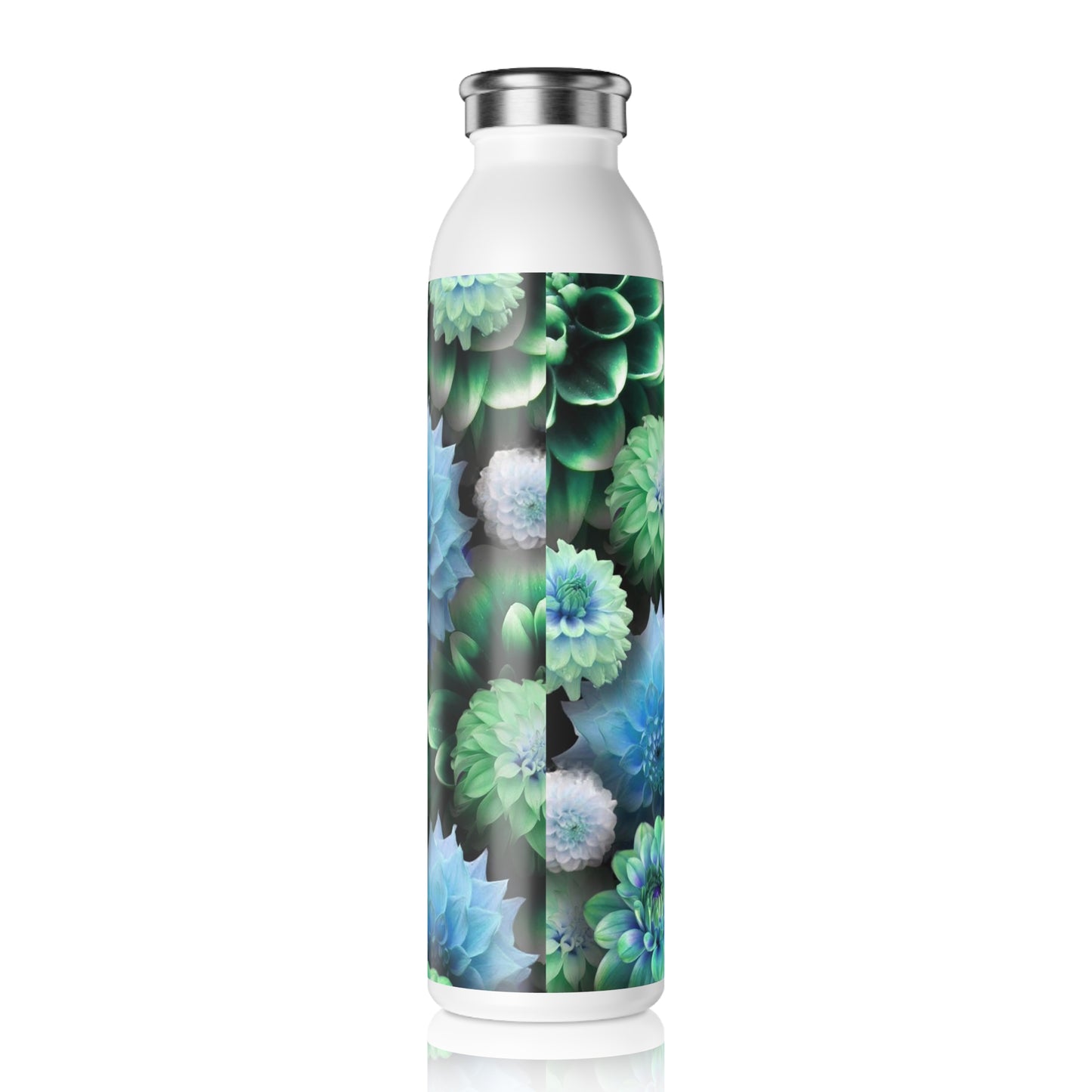Blue Green Dahlias Slim Water Bottle with Floral Design - Eco-Friendly Hydration, Gift for Nature Lovers, Travel Companion, Fitness, Home Decor