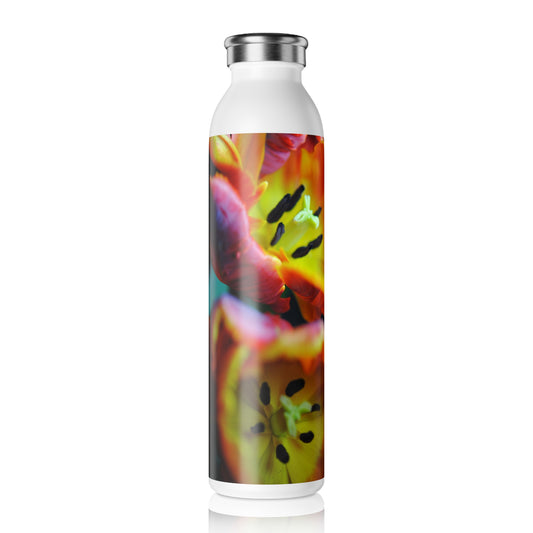 Orange Open Parrot Tulips Slim Water Bottle - Eco-Friendly Drinkware, Hydration Companion, Fitness Gift, Travel Mug, Unique Floral Design