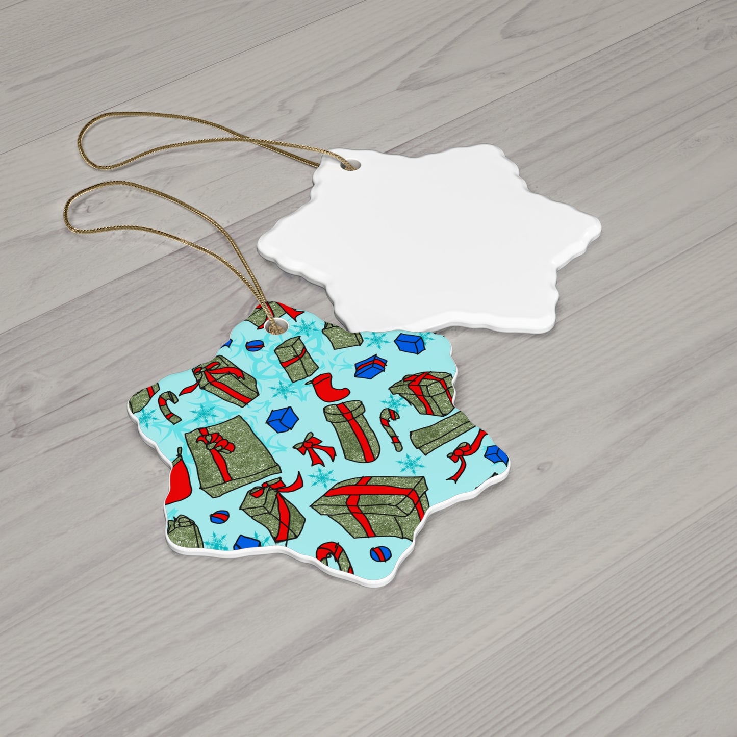 Christmas Gift Pattern Ceramic Ornament — Star Shape Holiday Tree Decoration