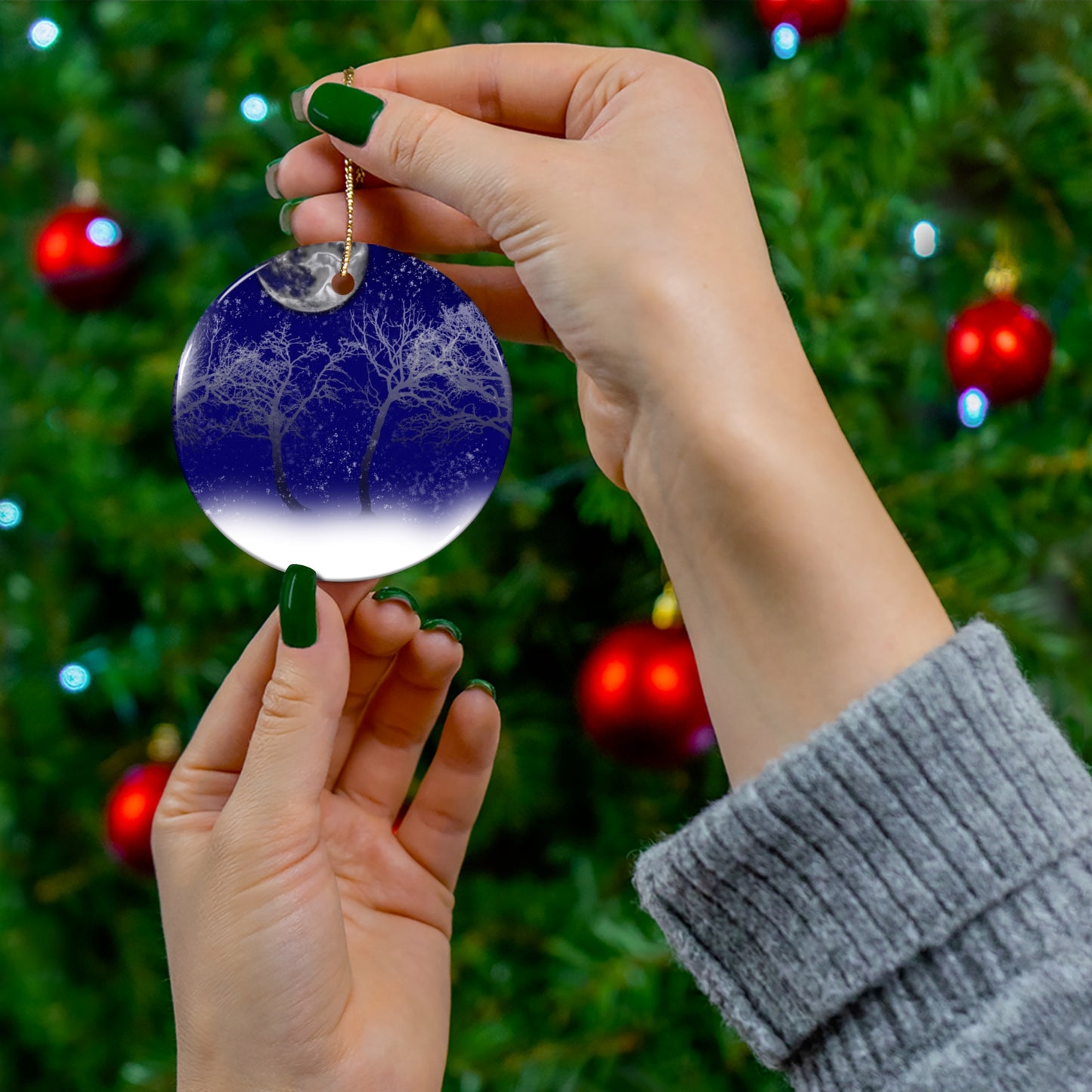Blue Moon Snow Trees Ceramic Ornament Set