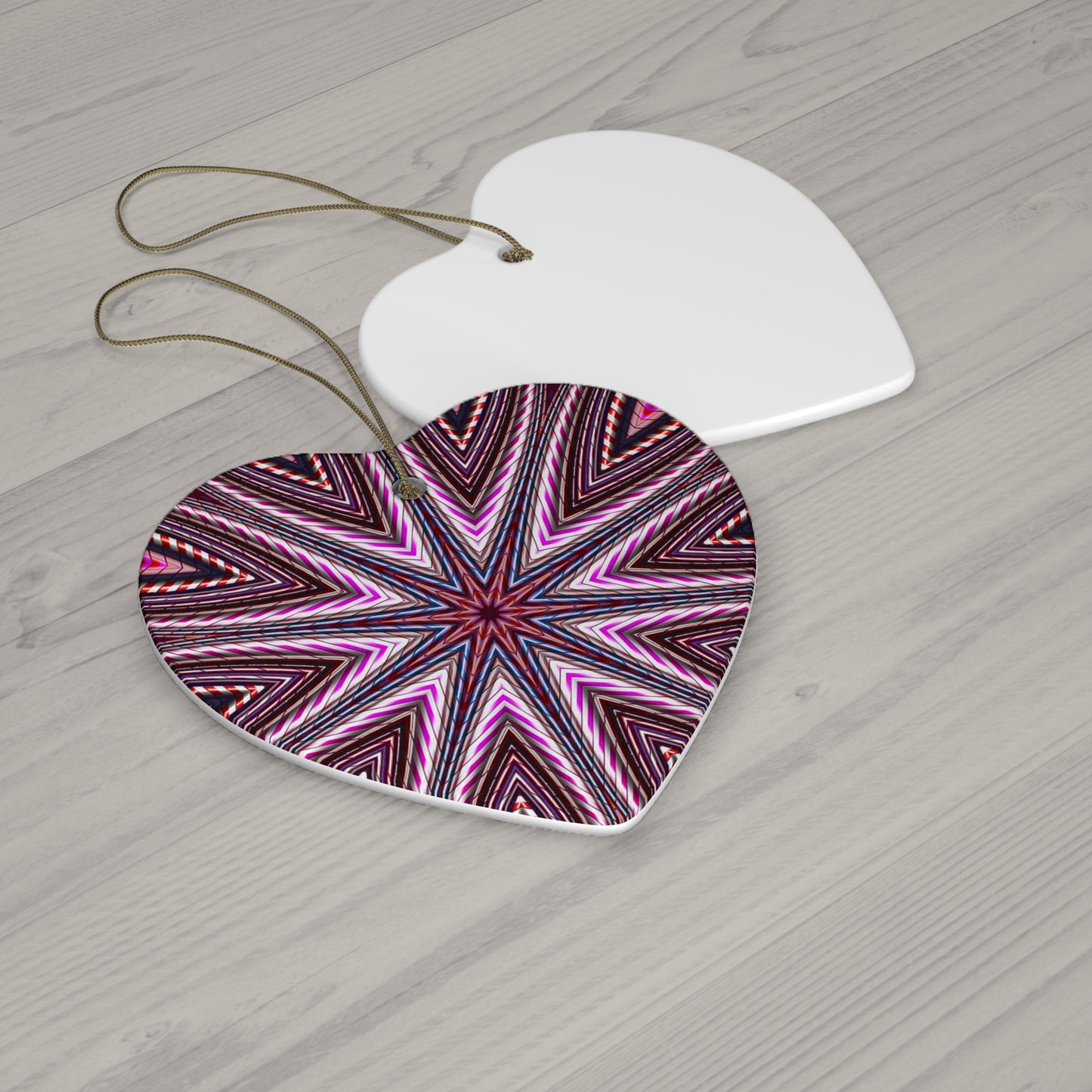 Candy Cane Kaleidoscope Star Ceramic Ornament — Pink Geometric Holiday Decoration