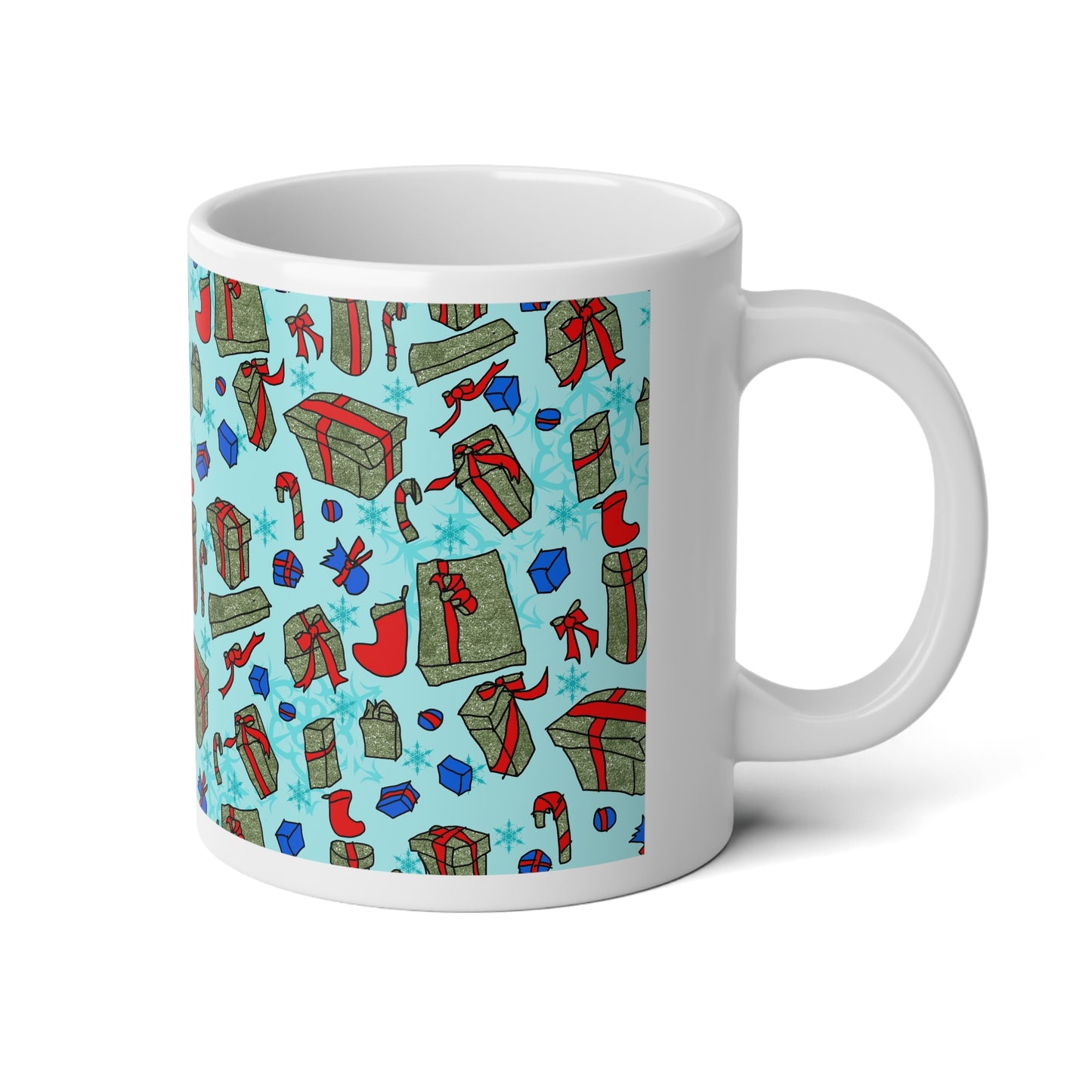Holiday Gift Pattern Jumbo Mug — 20oz Christmas Presents & Stockings Design