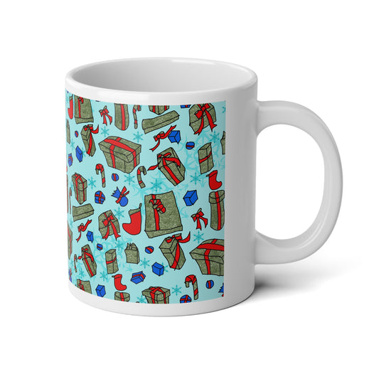 Holiday Gift Pattern Jumbo Mug — 20oz Christmas Presents & Stockings Design