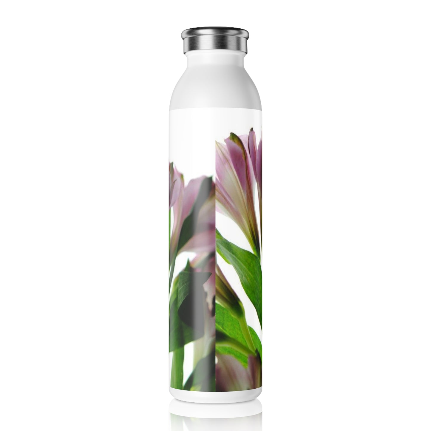 Slim Water Bottle — Pink Flowers Green Stems Stainless Steel Bottle