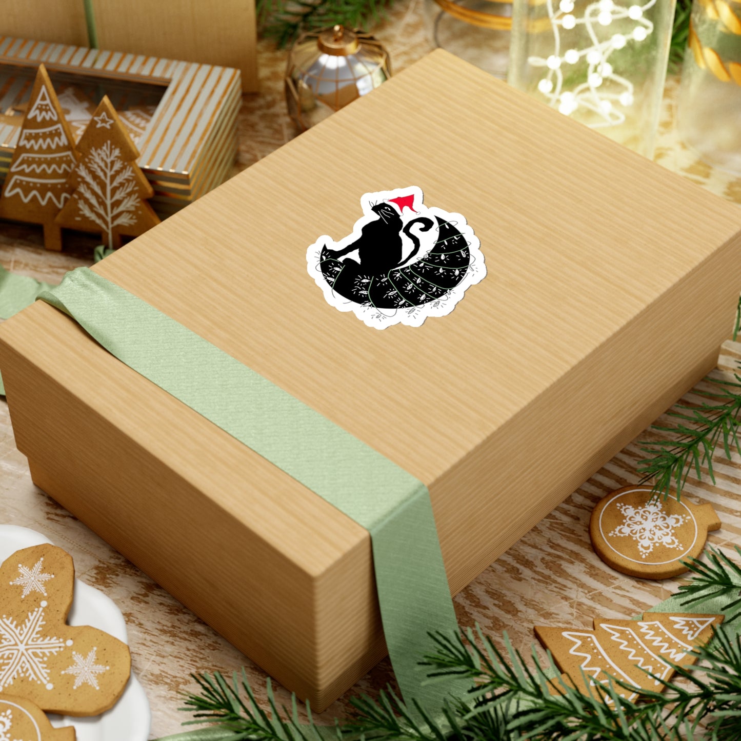 Christmas Cat on The Moon Kiss-Cut Stickers