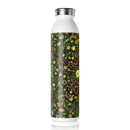 Medieval Flowers on Green Pattern Slim Water Bottle, Eco-Friendly Drinkware, Reusable Gym Bottle, Stylish Travel Mug, Gift for Her, Nature Lover