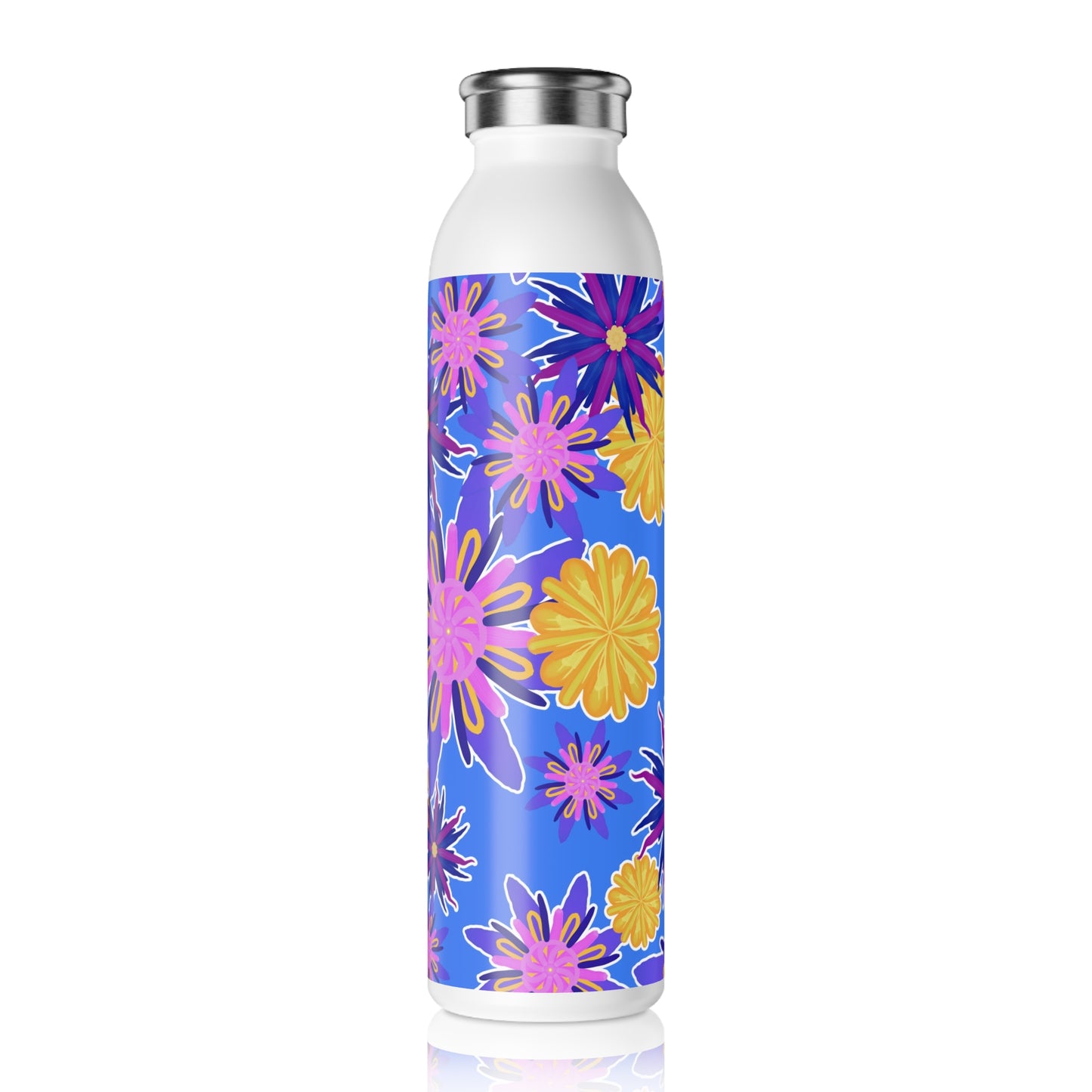 Fanciful Flowers On Powder Blue Slim Water Bottle - Reusable Hydration for Eco-Friendly Living, Summer Adventures, Gym, Yoga, Gift for Her
