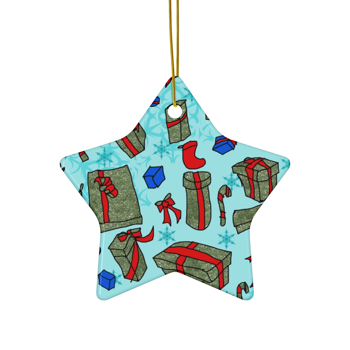 Christmas Gift Pattern Ceramic Ornament — Star Shape Holiday Tree Decoration