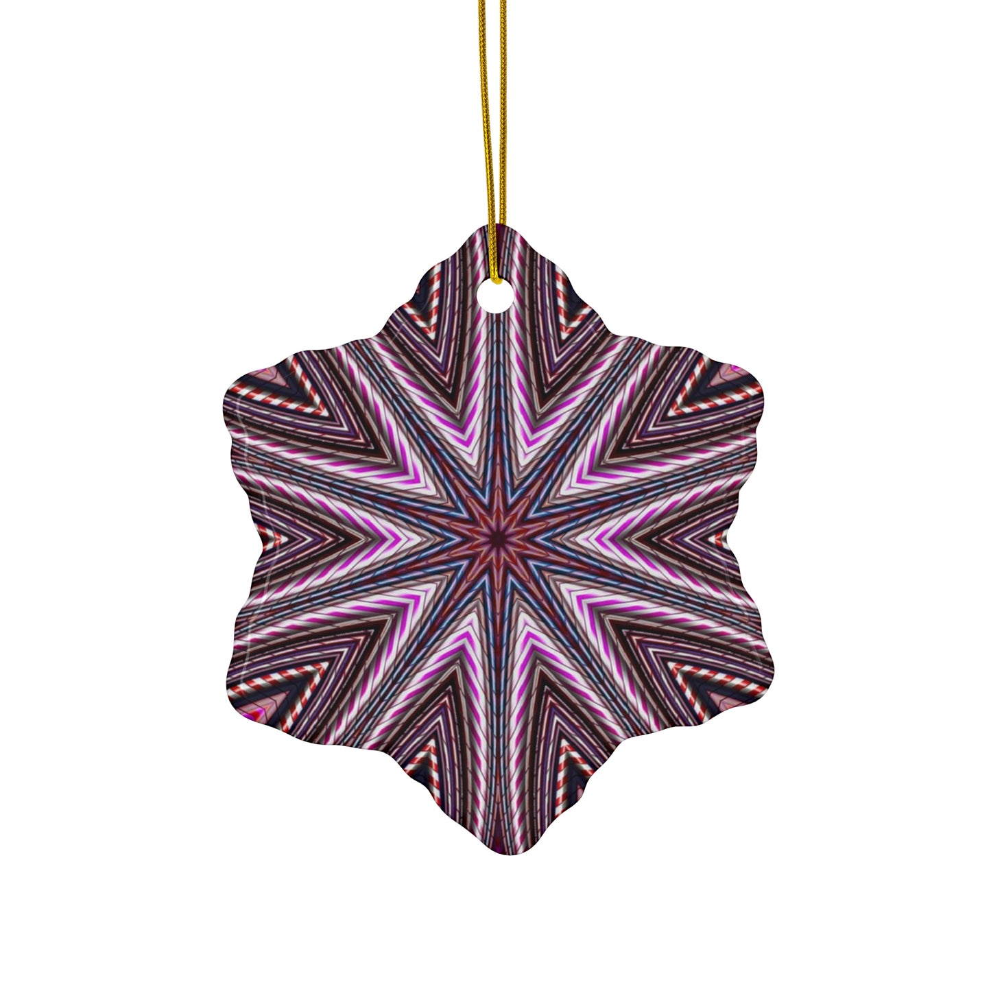 Candy Cane Kaleidoscope Star Ceramic Ornament — Pink Geometric Holiday Decoration