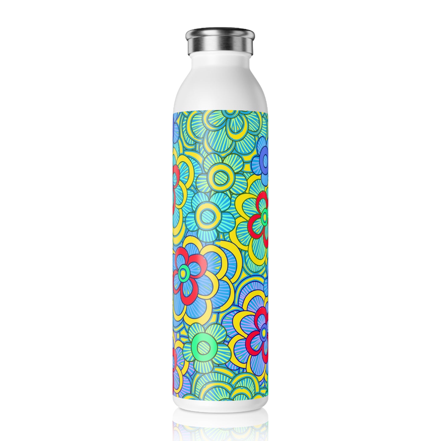Green Retro Flowers Slim Water Bottle, Eco-Friendly Hydration, Stylish Drinkware, Perfect for Gifting, Fitness, Summer, Travel