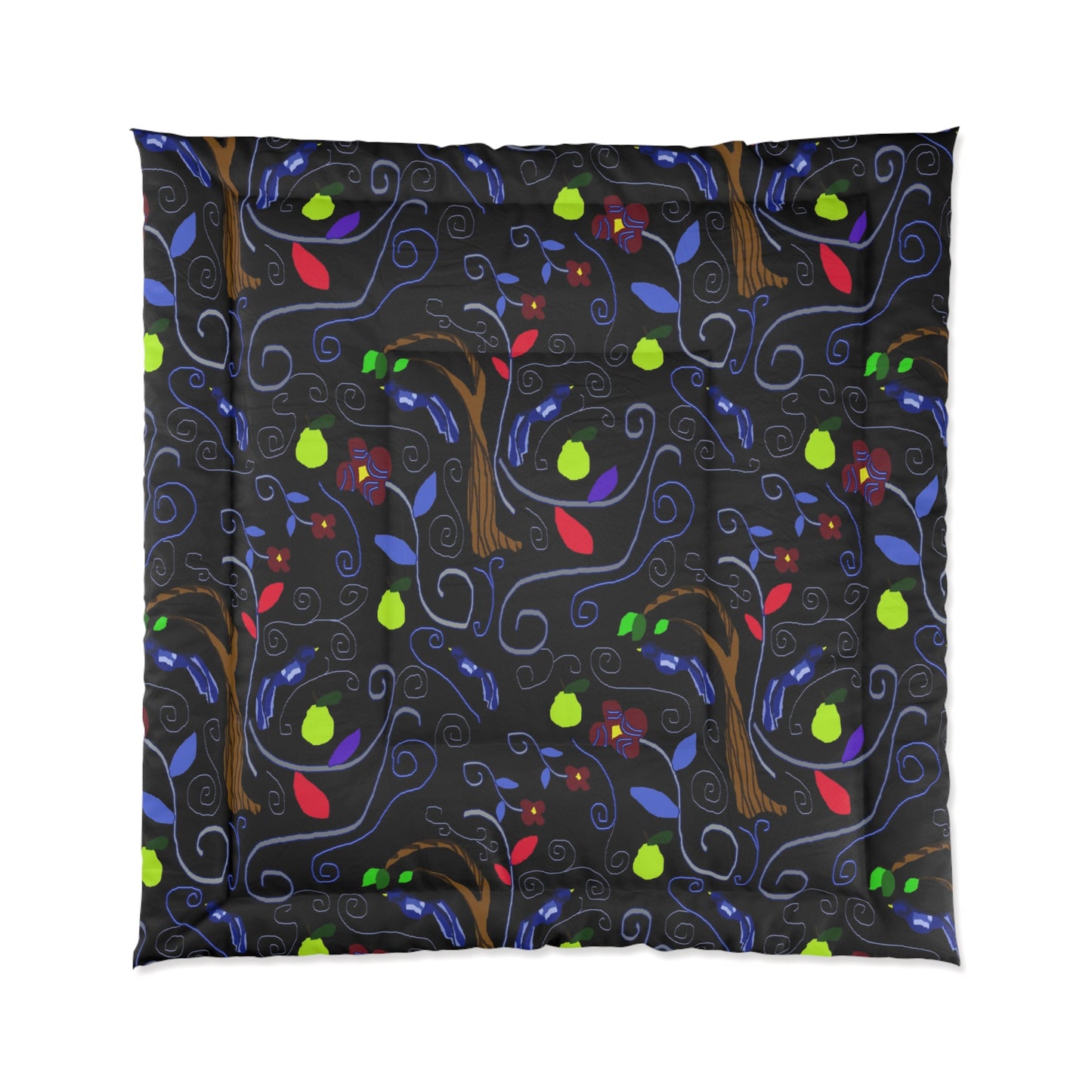 Dark Whimsical Tree Comforter – Colorful Leaf Pattern Bedding