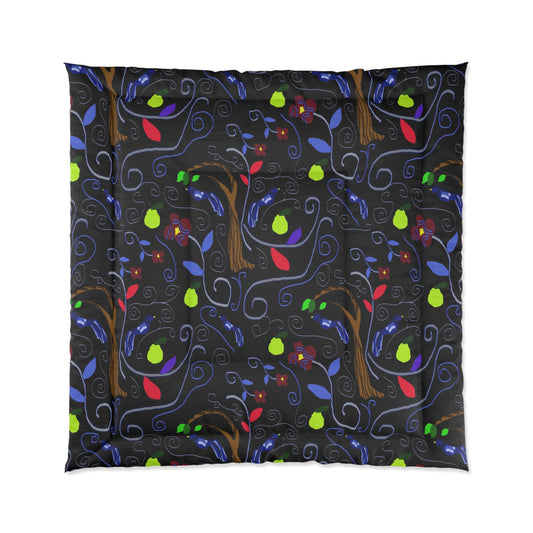 Dark Whimsical Tree Comforter – Colorful Leaf Pattern Bedding