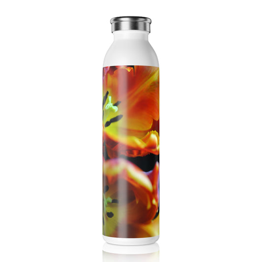 Orange Open Parrot Tulips Slim Water Bottle - Eco-Friendly Drinkware, Hydration Companion, Fitness Gift, Travel Mug, Unique Floral Design
