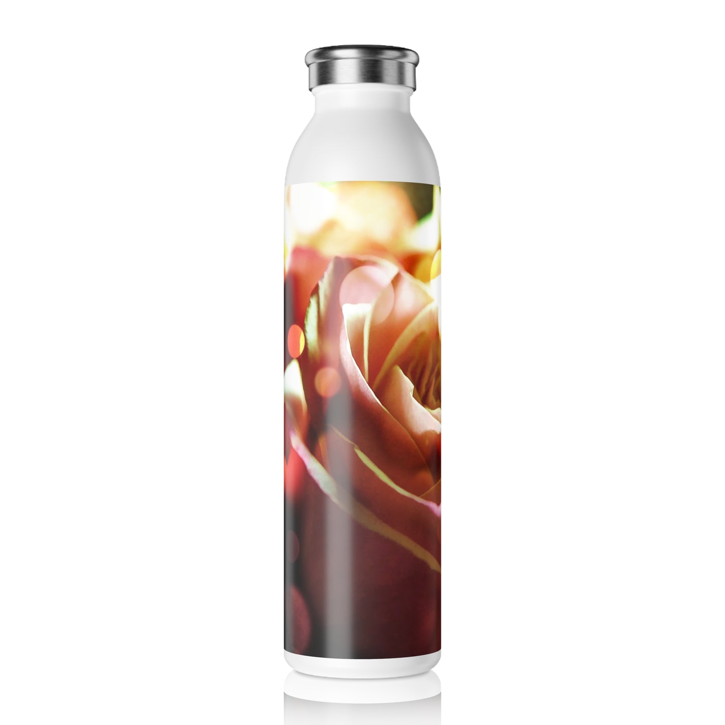 Slim Water Bottle — Pink Rose in Bokeh Stainless Steel Bottle (Elegant Floral Design)