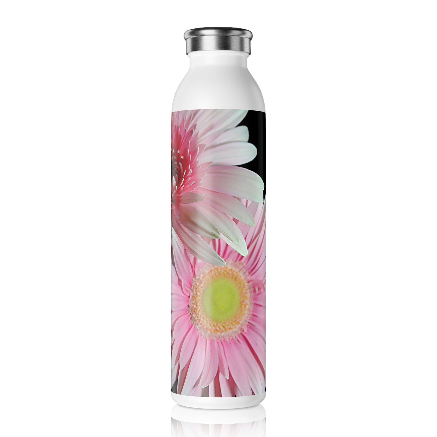 Pink Gerbera Daisies Floral Slim Water Bottle — Insulated Stainless Steel Travel Bottle