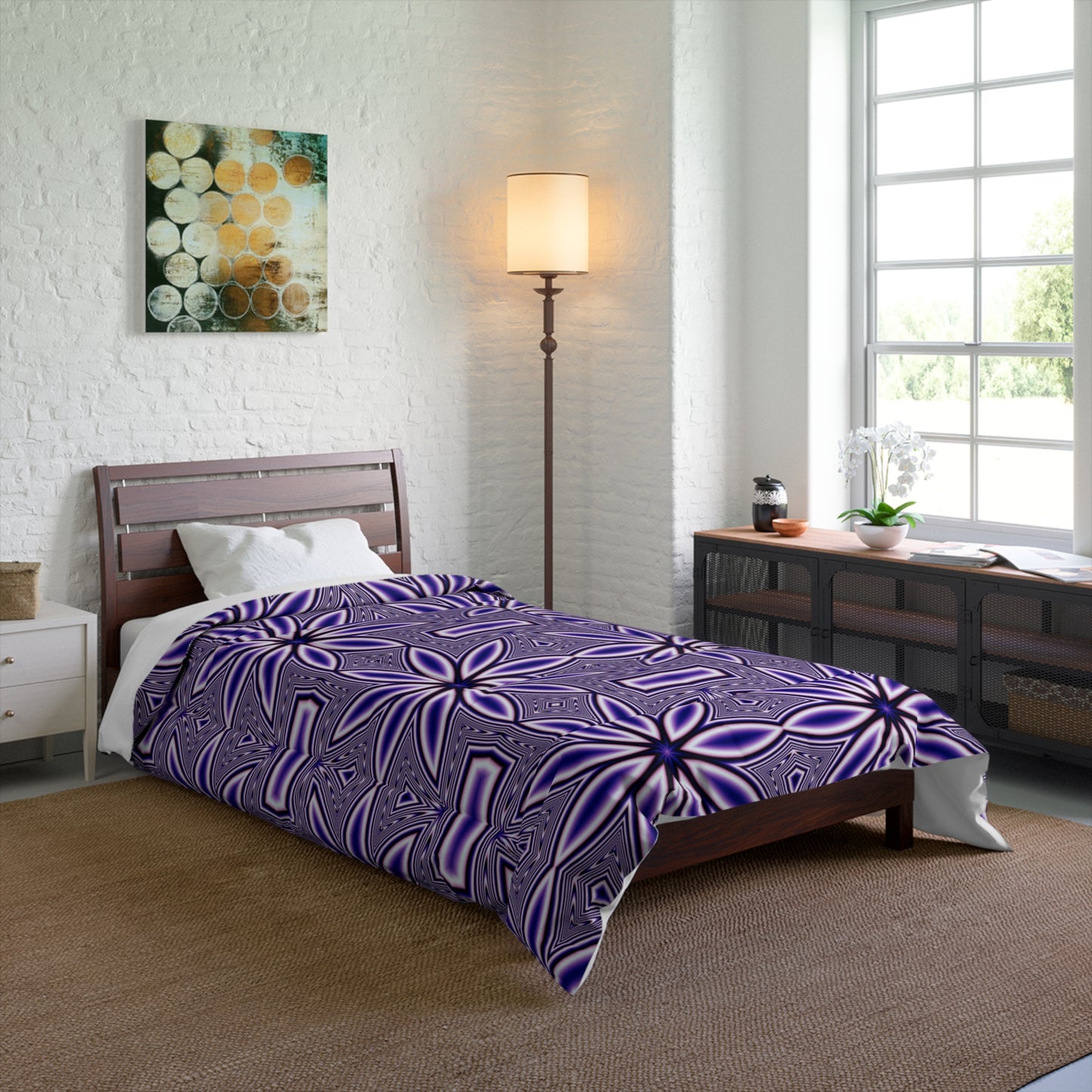 Purple Floral Geometric Comforter – Boho Starburst Pattern Bedding