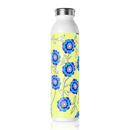 Blue Flowers On Yellow Slim Water Bottle | Eco-Friendly Drinkware, Gift for Her, Summer Hydration, Travel Accessory, Yoga Essentials