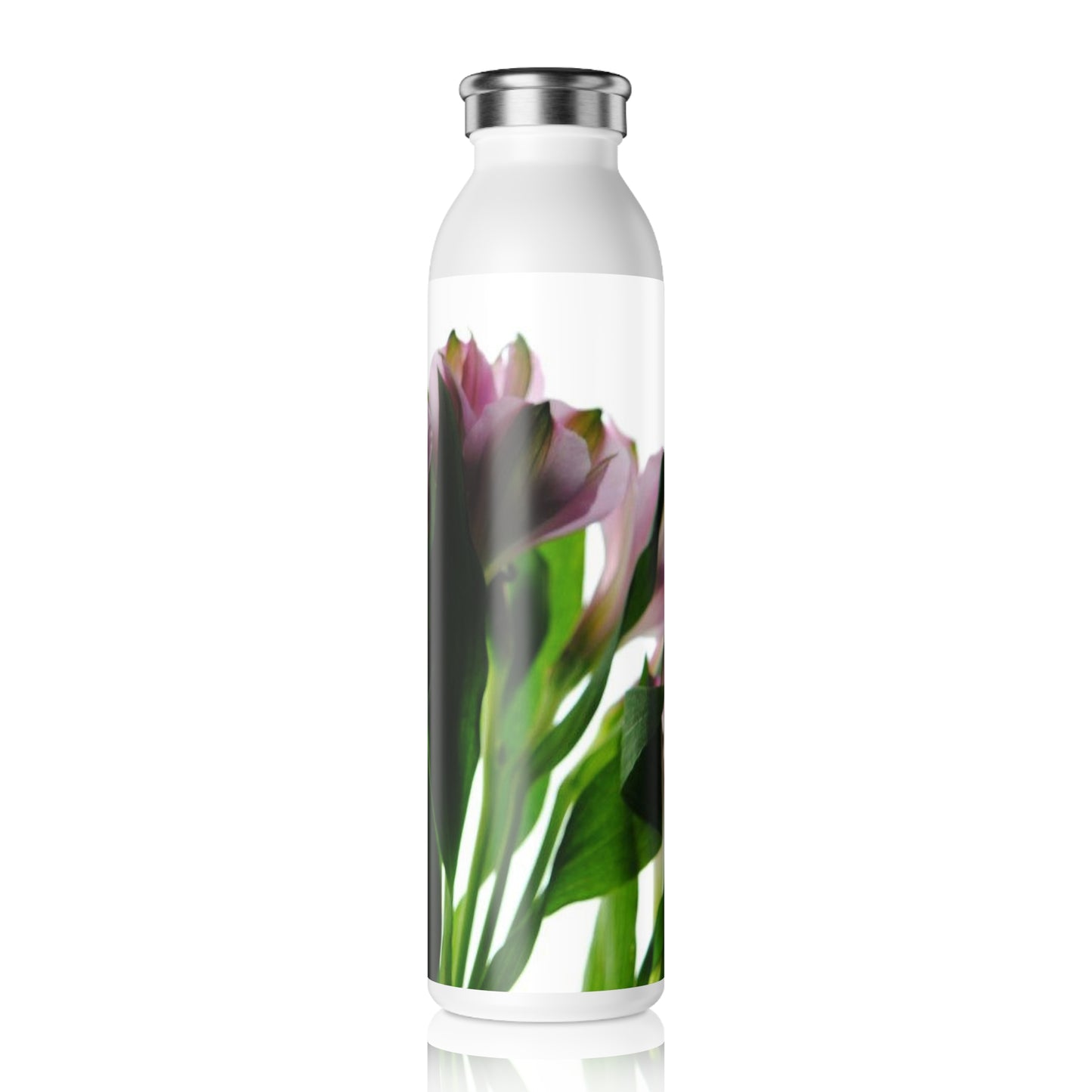 Slim Water Bottle — Pink Flowers Green Stems Stainless Steel Bottle