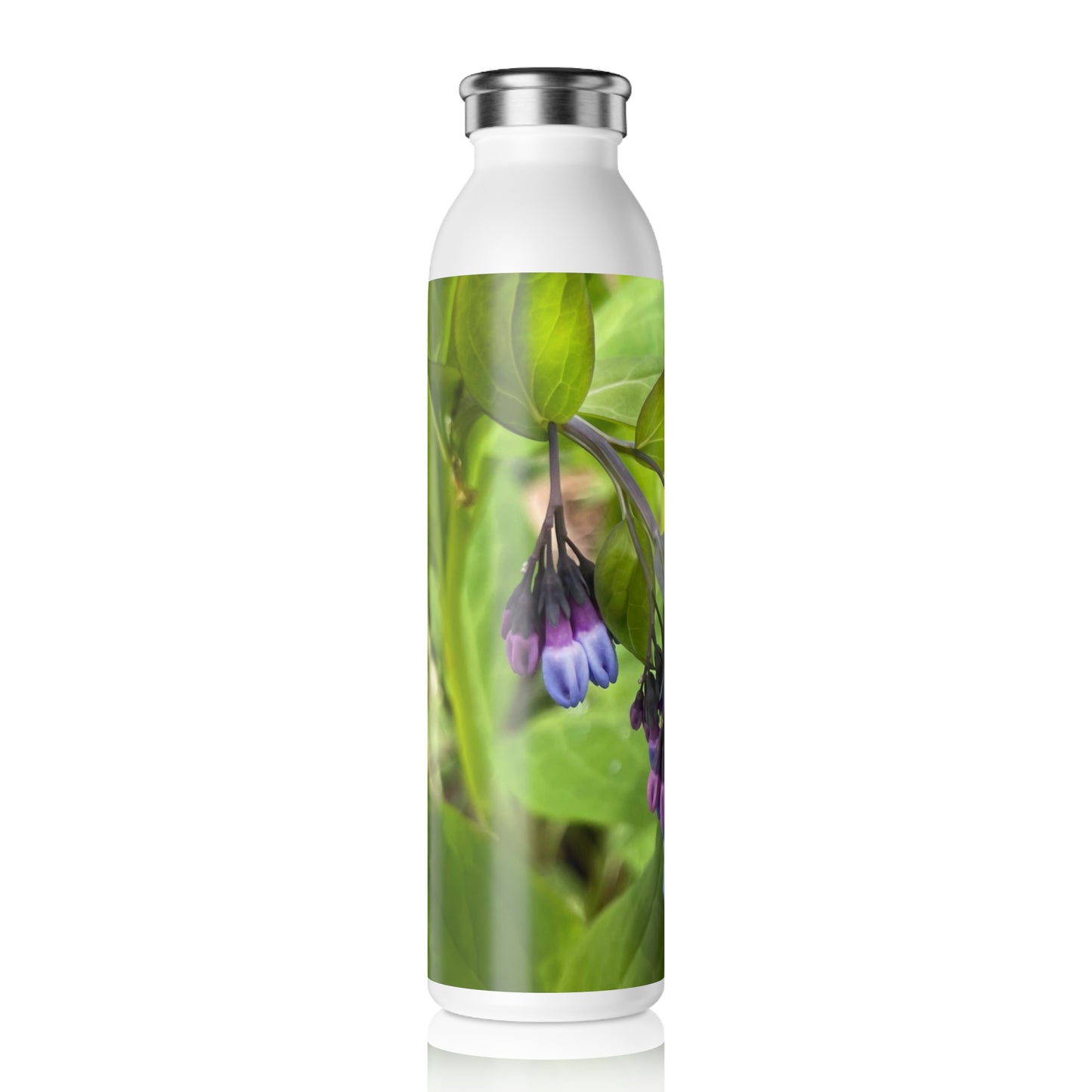 Blue and Purple April Wildflowers Slim Water Bottle, Eco-Friendly Hydration, Gift for Nature Lovers, Yoga Bottle, Spring Celebrations