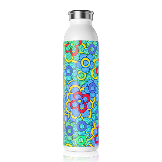 Green Retro Flowers Slim Water Bottle, Eco-Friendly Hydration, Stylish Drinkware, Perfect for Gifting, Fitness, Summer, Travel
