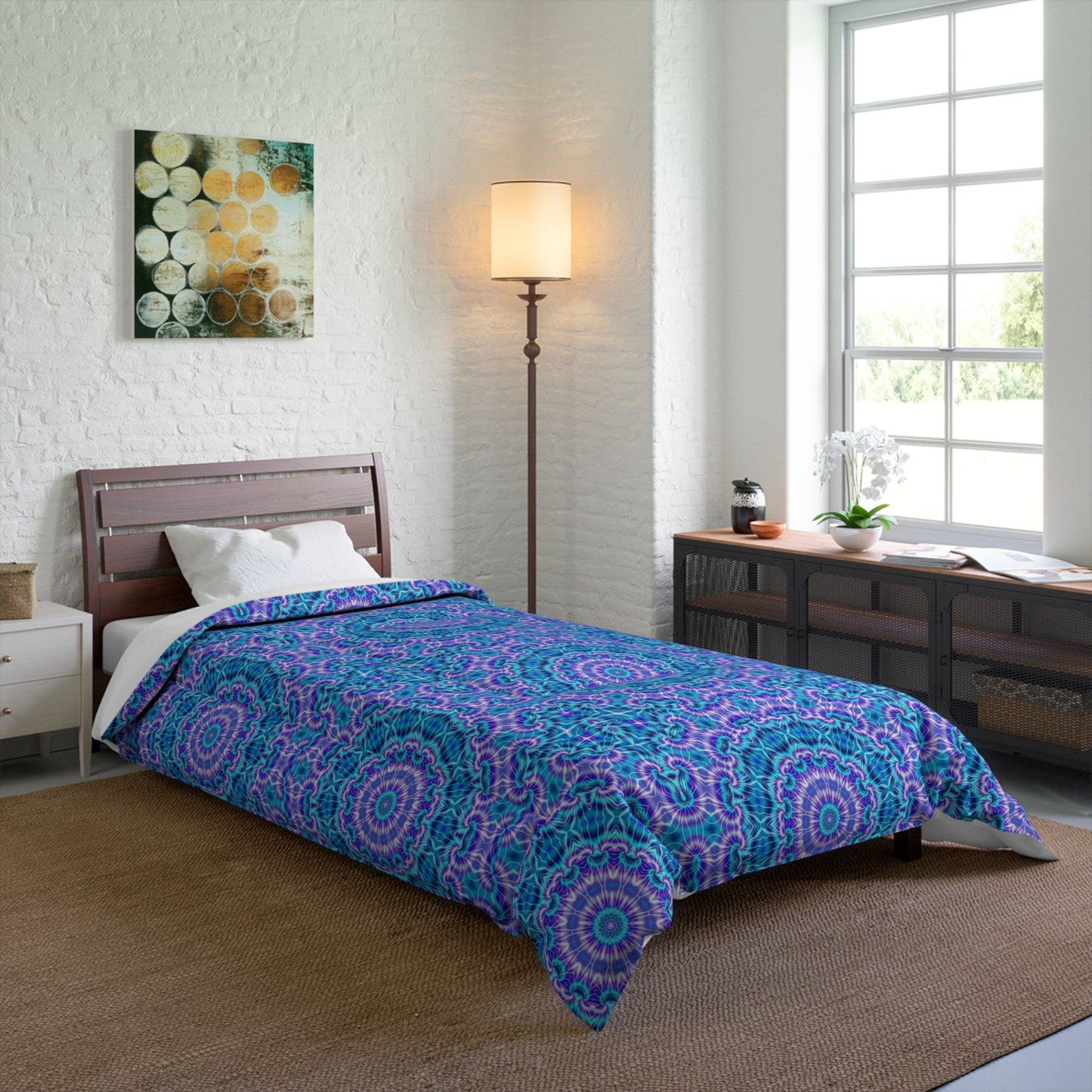 Mandala Blue Purple Comforter — Boho Kaleidoscope Tie Dye Bedding
