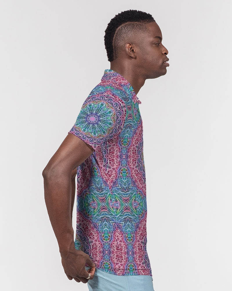 Blue Red Snowflake Kaleidoscope Men's All-Over Print Slim Fit Short Sleeve Polo