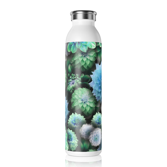 Blue Green Dahlias Slim Water Bottle with Floral Design - Eco-Friendly Hydration, Gift for Nature Lovers, Travel Companion, Fitness, Home Decor