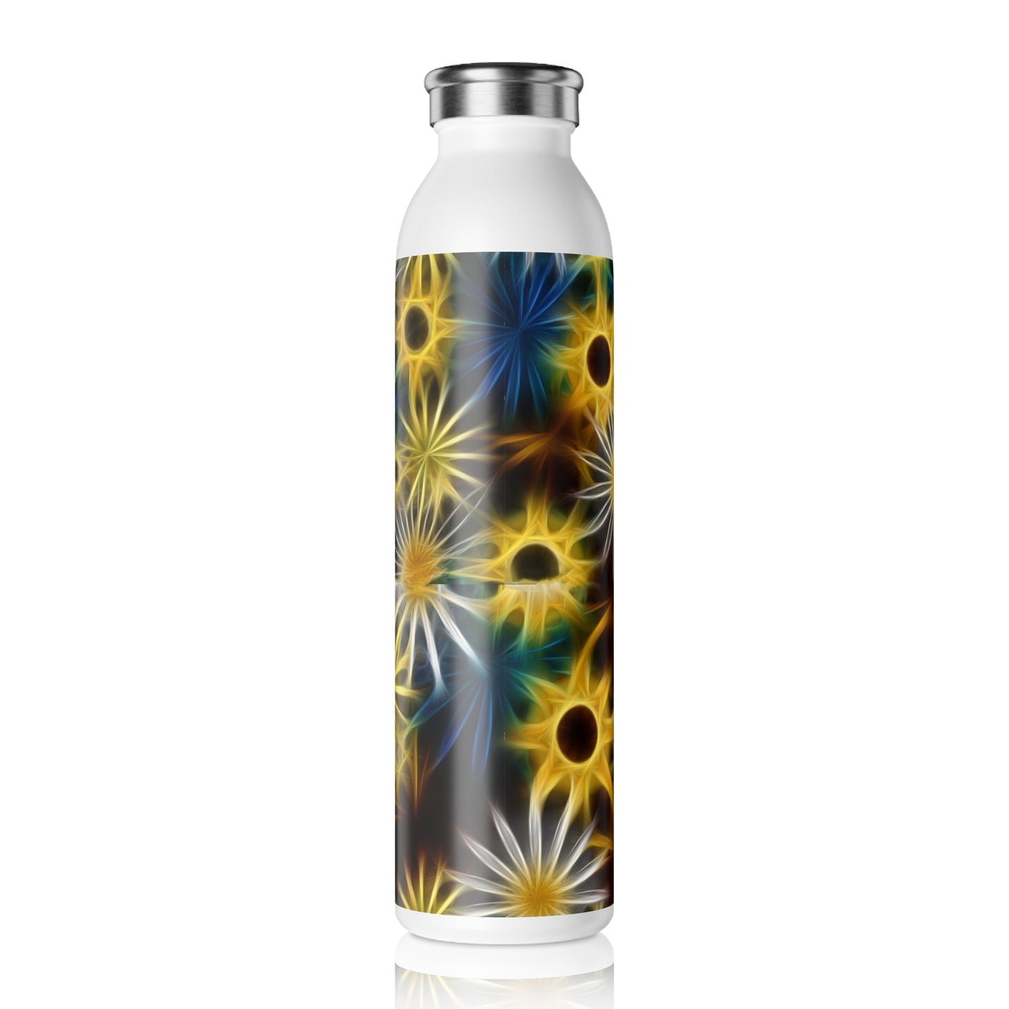 Blue and Yellow Glowing Daisies Floral Slim Water Bottle | Eco-Friendly Hydration, Travel Companion, Fitness Gift, Outdoor Adventure, Summer Essential