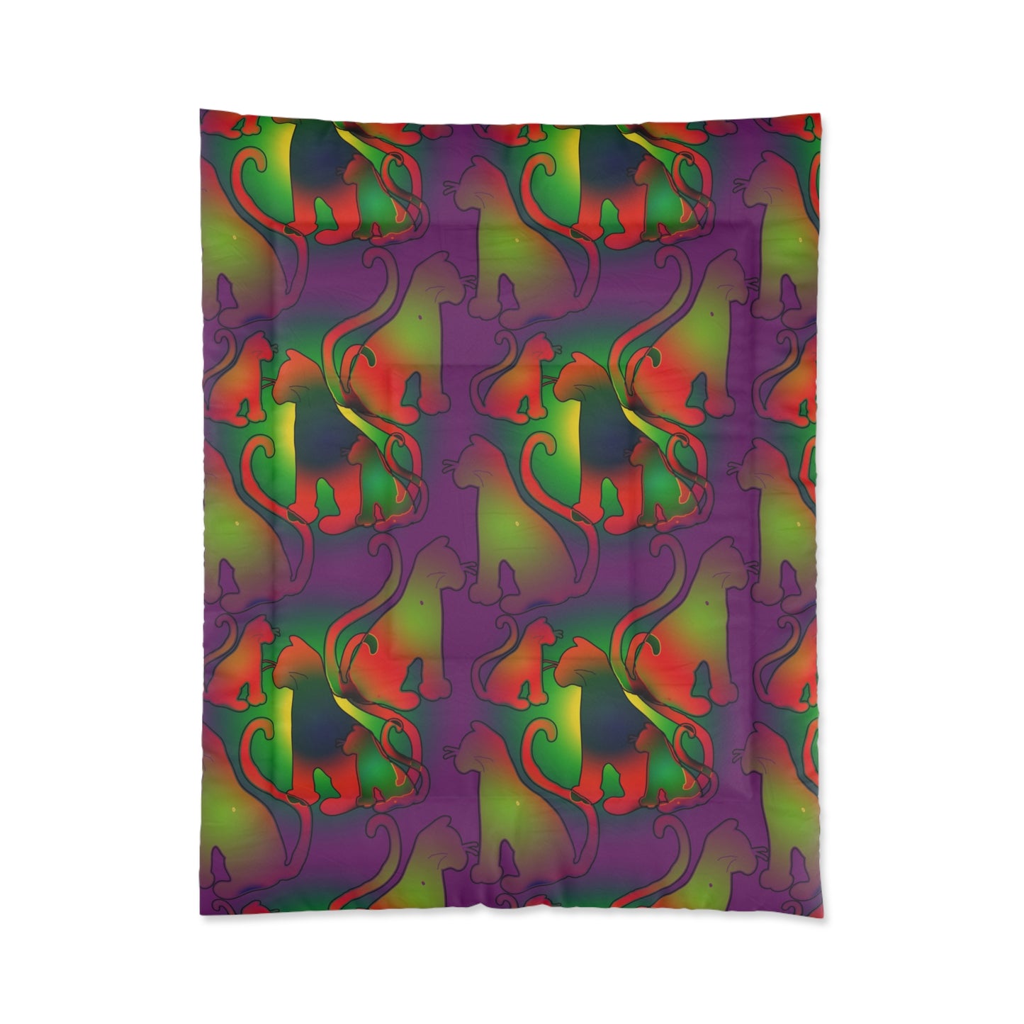 Psychedelic Abstract Cat Comforter — Vibrant Rainbow Swirl Bedding