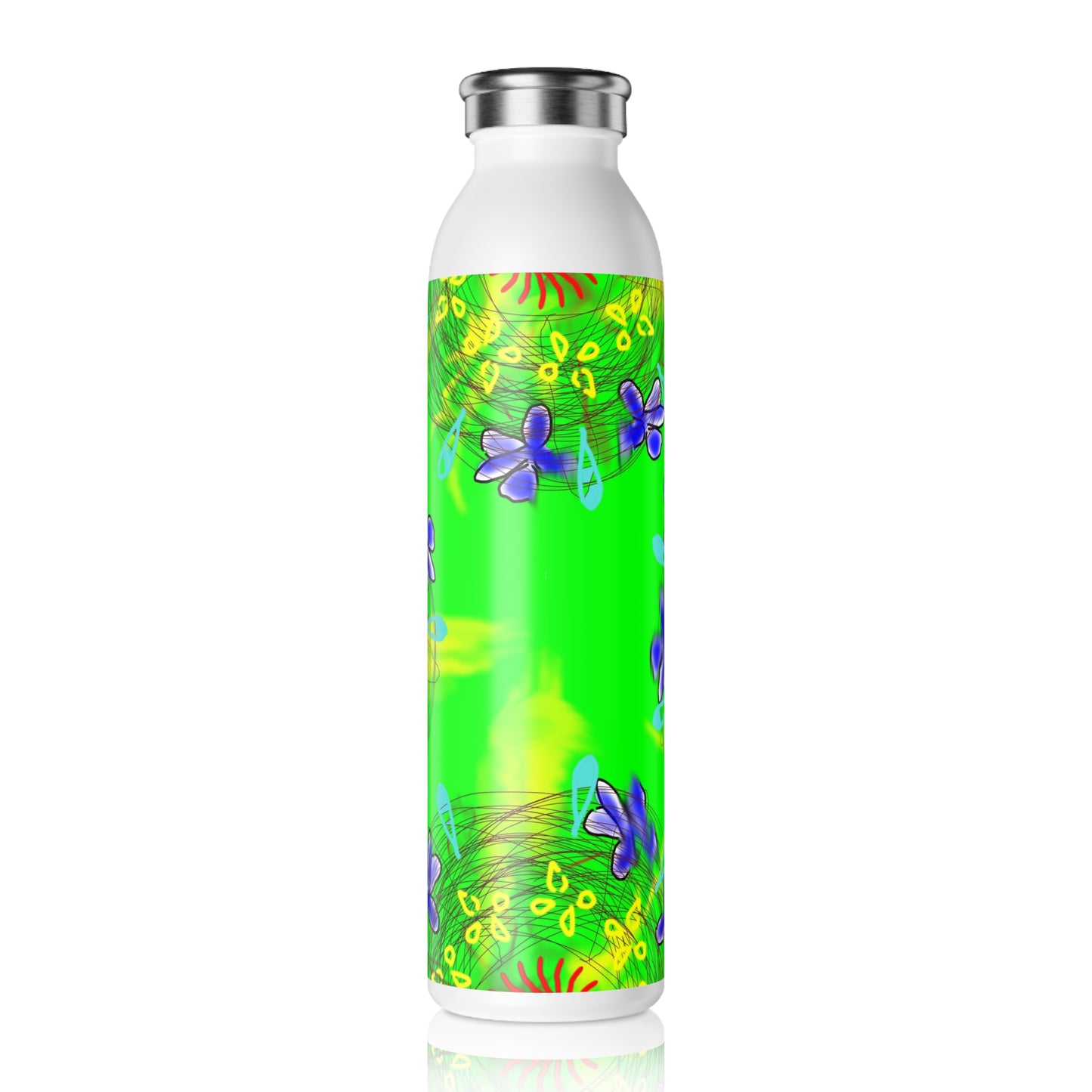 Flower Doodle Slim Water Bottle | Eco-Friendly Fitness Gift, Hydration Travel Mug, Summer Picnic Accessory, Inspirational Drinkware