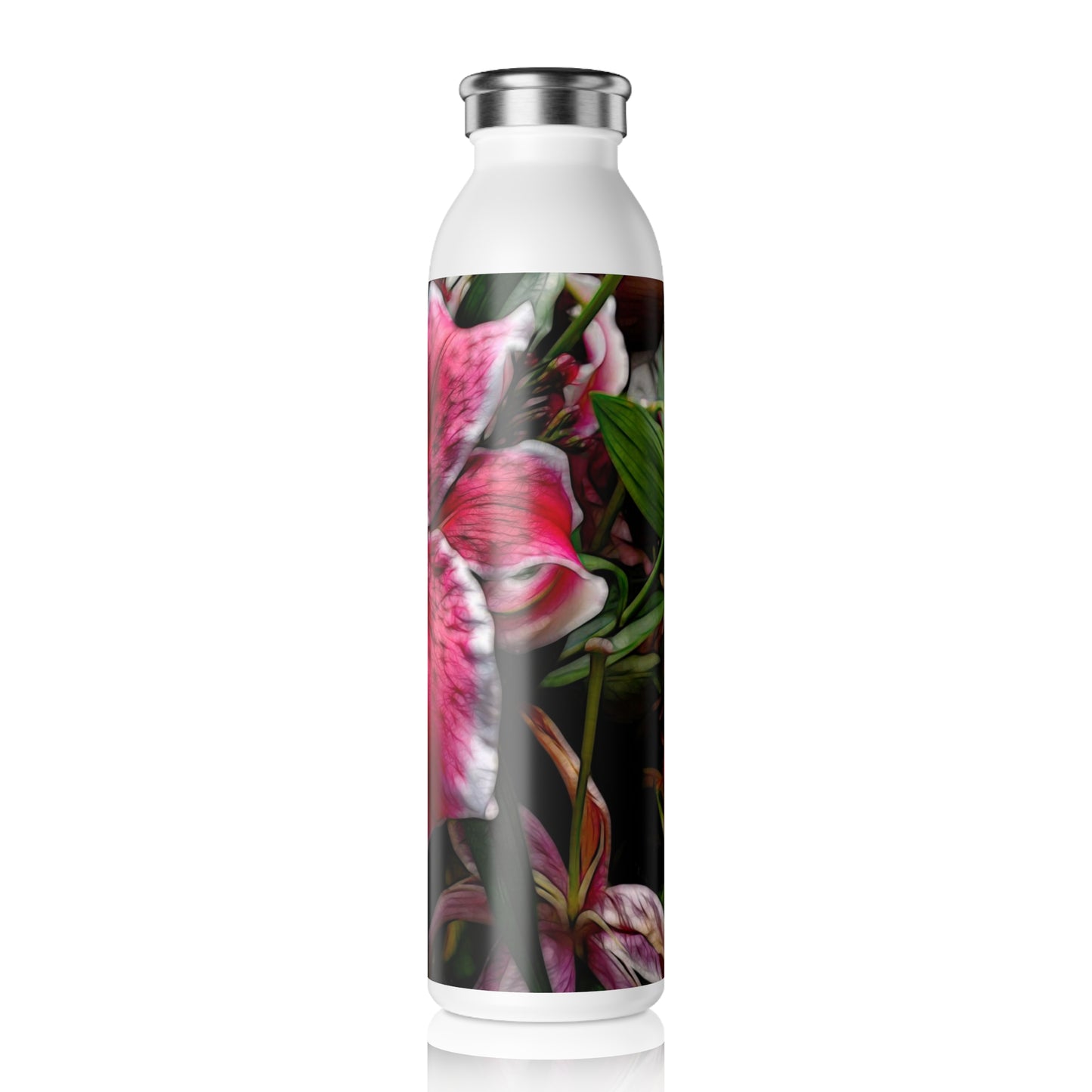 Big Petals On a Pink and White Lily Slim Water Bottle - Eco-Friendly Hydration Gift, Reusable Drink Bottle, Floral Design, Fitness Accessory, Travel Companion