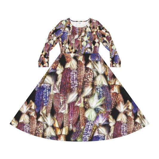 Bohemian Harvest Corn Long Sleeve Dance Dress, Floral Print Party Dress, Vintage Style Women’s Dress, Unique Dance Apparel, Perfect for Events