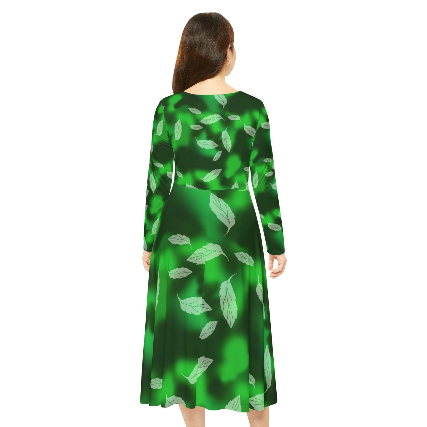 Women's Long Sleeve Dance Dress, Elegant Green Leaf Print, Perfect for Parties, Dance Recitals, Fall Celebrations, Eco-Friendly Fashion