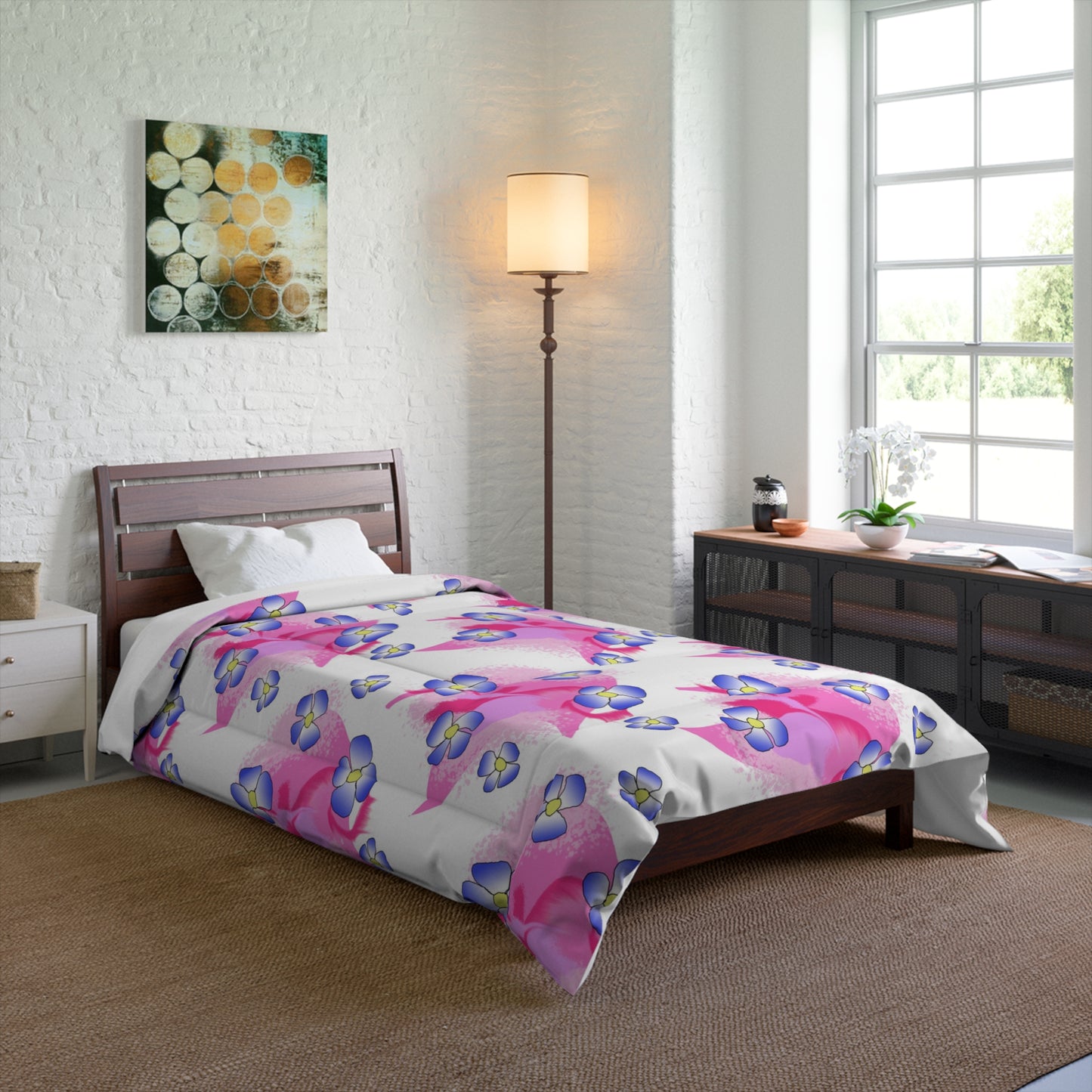 Pink Watercolor Floral Comforter — Pansy Bloom Bedding for Girls & Teens