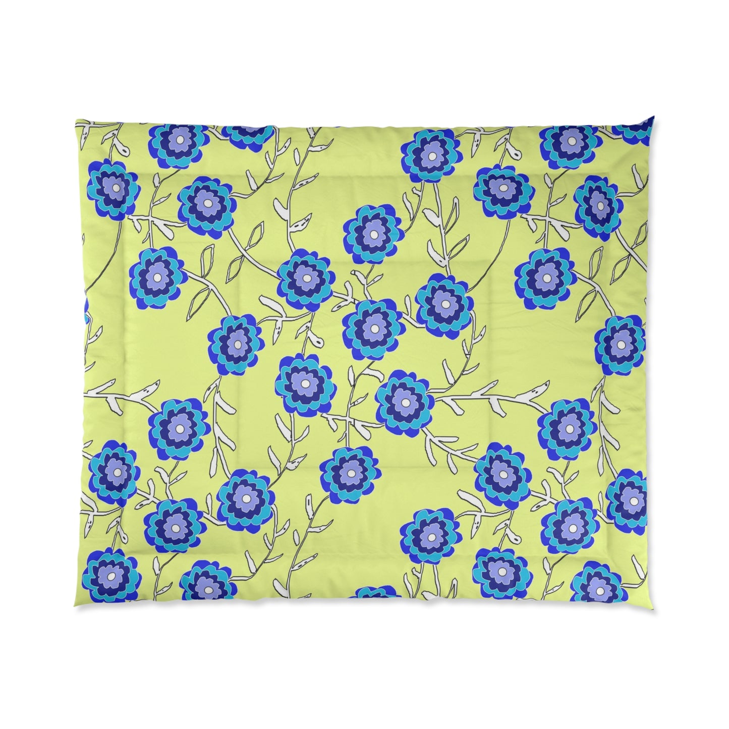 Blue Floral Comforter – Bright Lemon Yellow Background Cozy Bedspread
