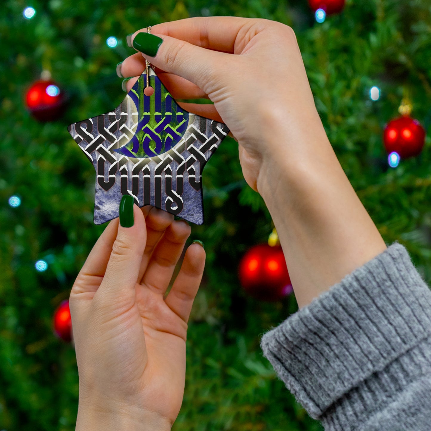 Celtic Moon Ceramic Star Ornament — Knotwork Holiday Decoration