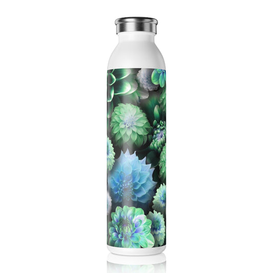 Blue Green Dahlias Slim Water Bottle with Floral Design - Eco-Friendly Hydration, Gift for Nature Lovers, Travel Companion, Fitness, Home Decor