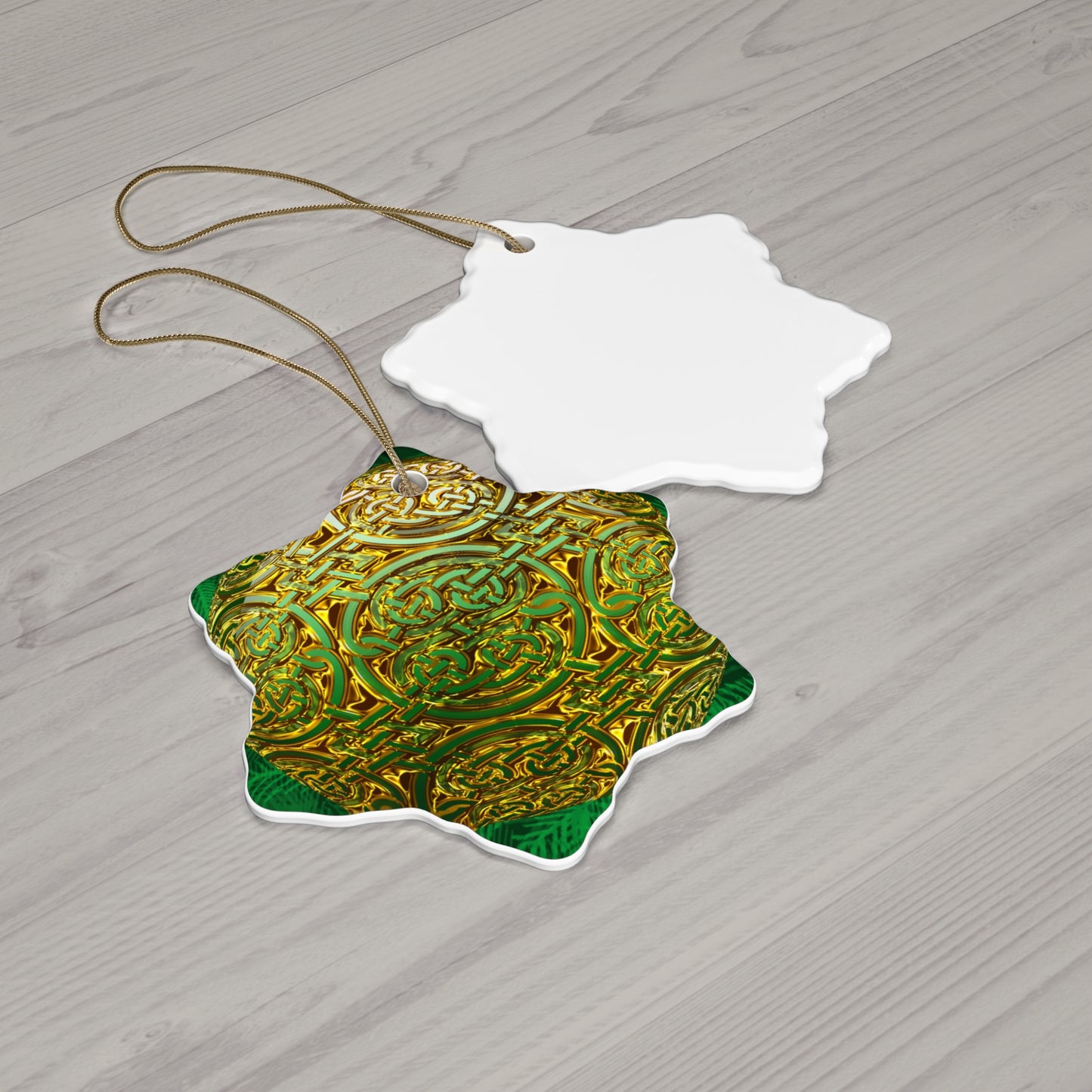 Celtic Green Gold Ceramic Star Ornament — Intricate Knotwork Holiday Decoration