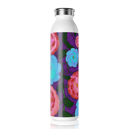 Pink and Blue Flowers On Purple Slim Water Bottle, Stainless Steel Bottle, Reusable Hydration Gift, Eco-Friendly Drinkware, Spring/Summer Outdoors