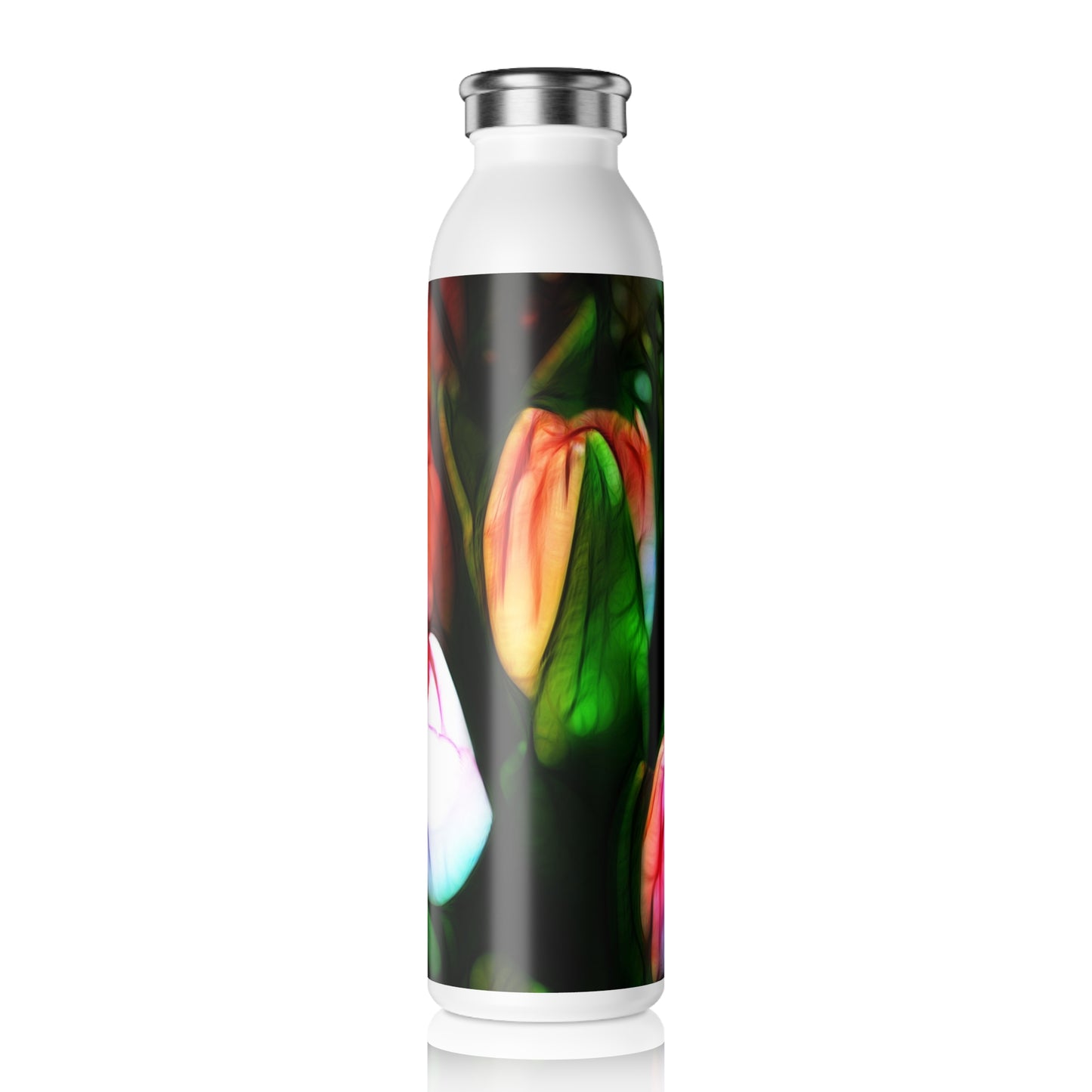 Abstract Pink Tulips Slim Water Bottle - Hydration, Reusable Bottle, Eco-Friendly Gift, Gardening Enthusiast, Nature Lover