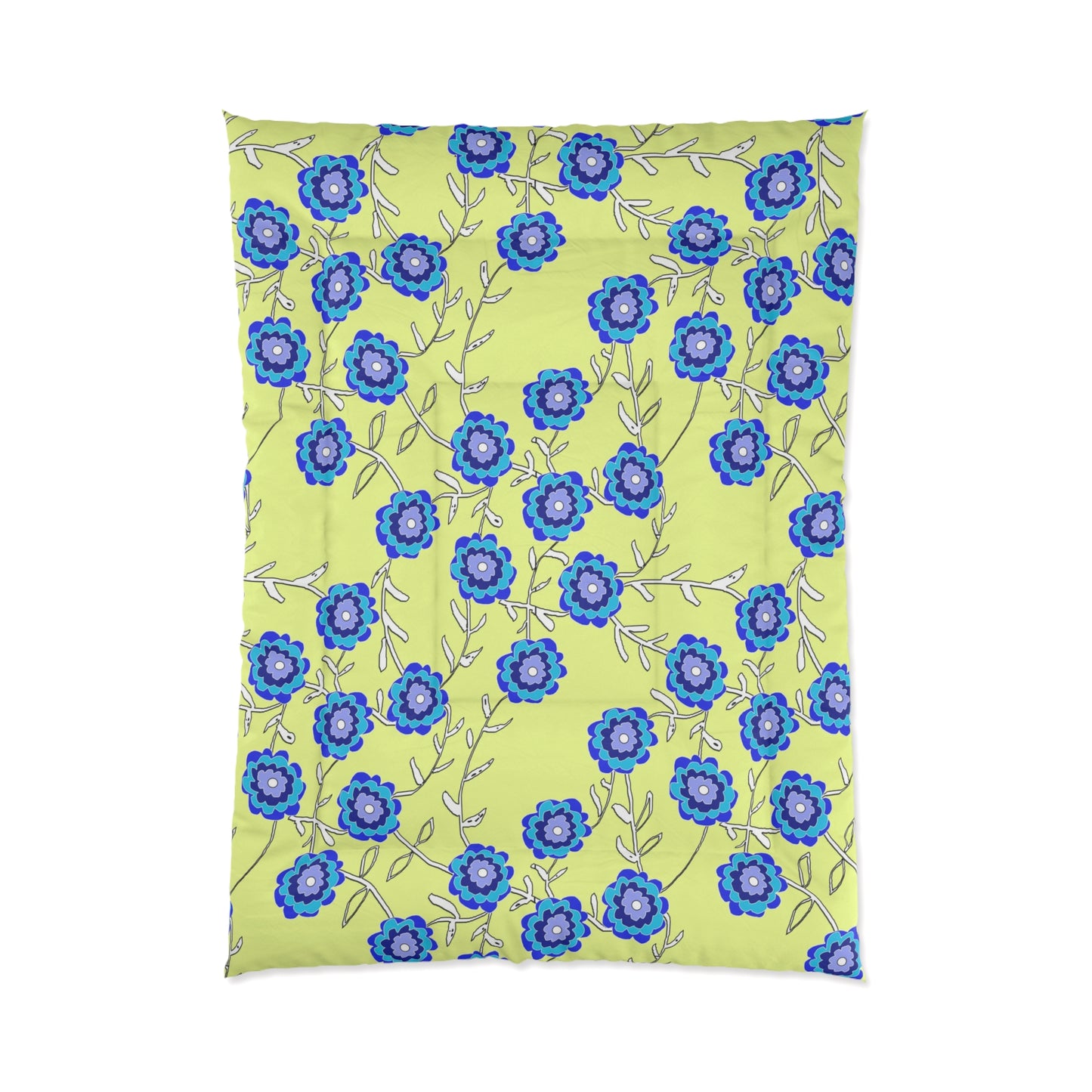 Blue Floral Comforter – Bright Lemon Yellow Background Cozy Bedspread