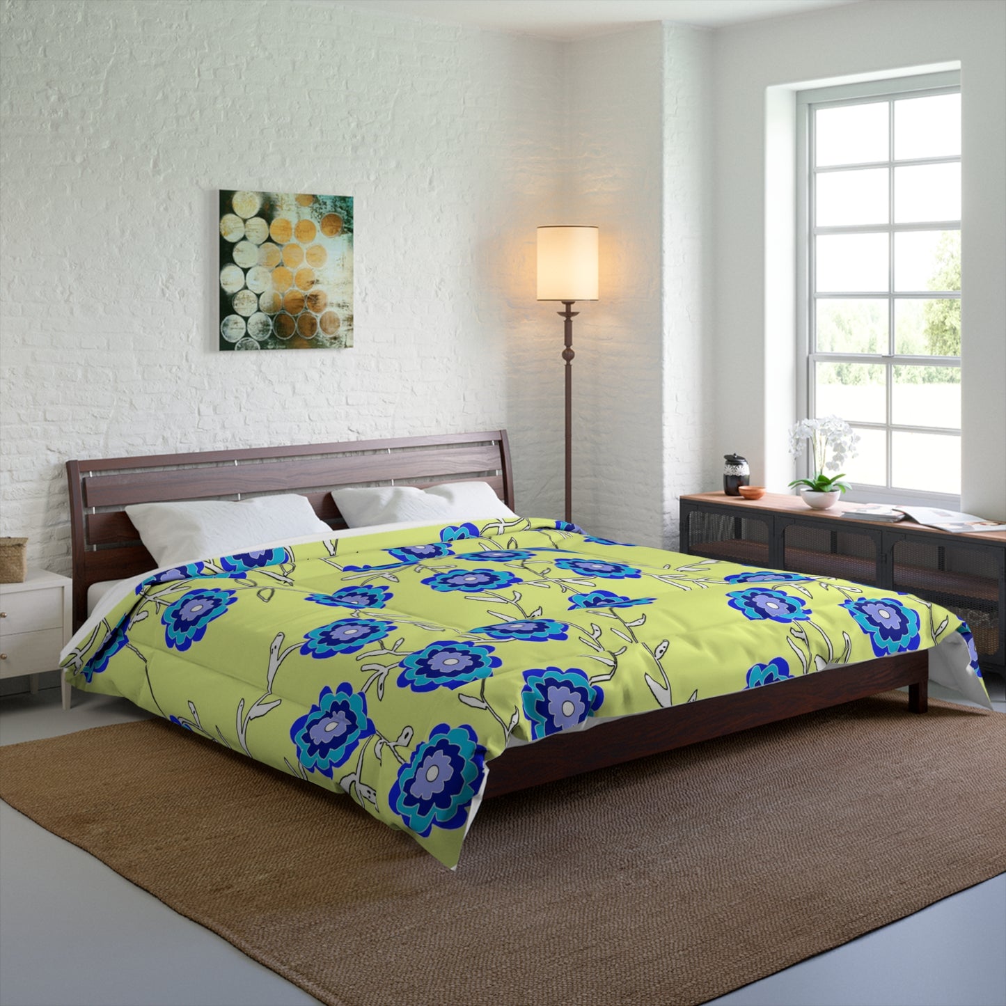 Blue Floral Comforter – Bright Lemon Yellow Background Cozy Bedspread