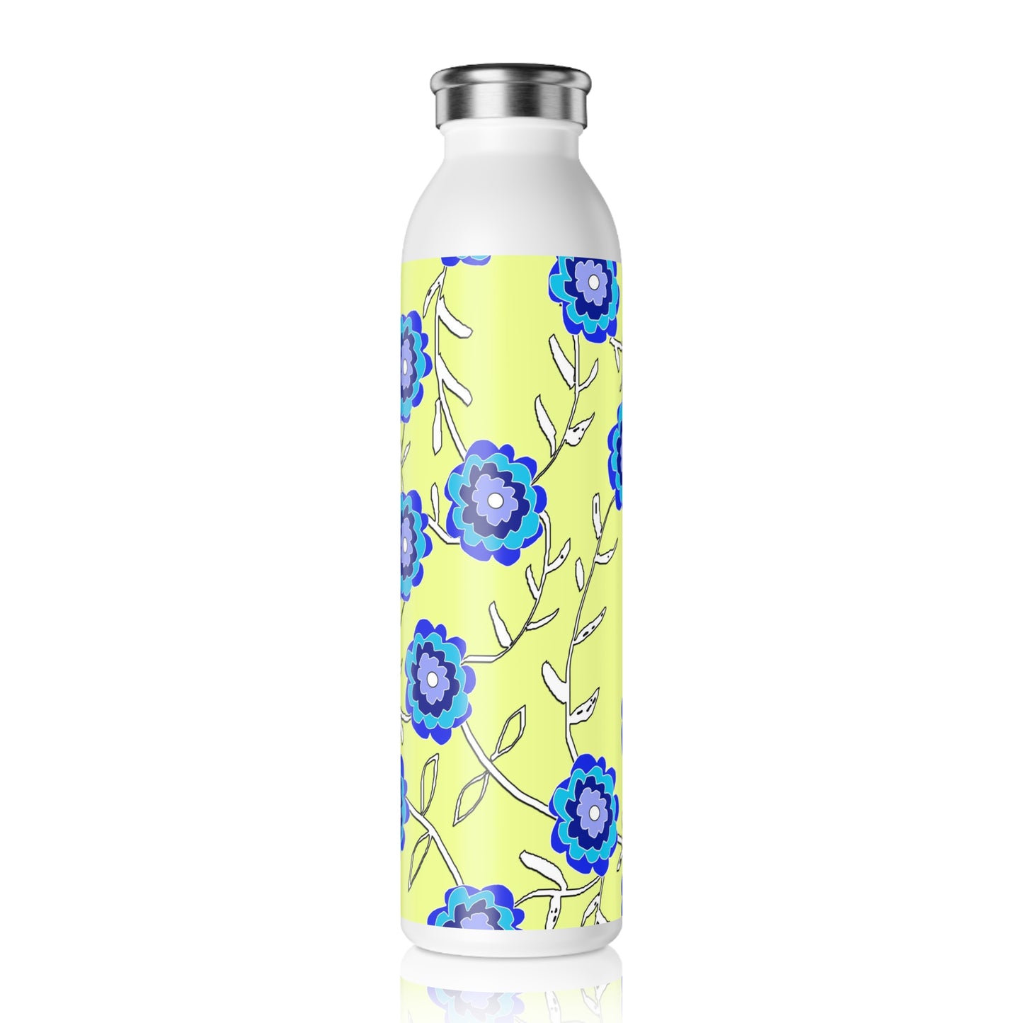 Blue Flowers On Yellow Slim Water Bottle | Eco-Friendly Drinkware, Gift for Her, Summer Hydration, Travel Accessory, Yoga Essentials