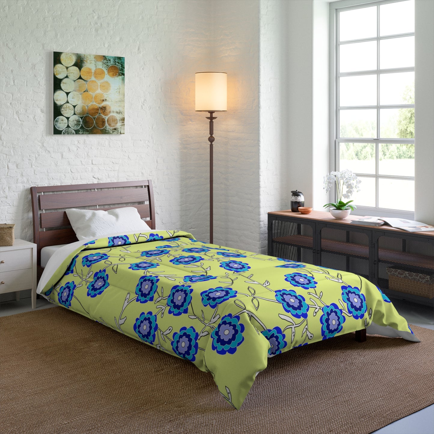 Blue Floral Comforter – Bright Lemon Yellow Background Cozy Bedspread