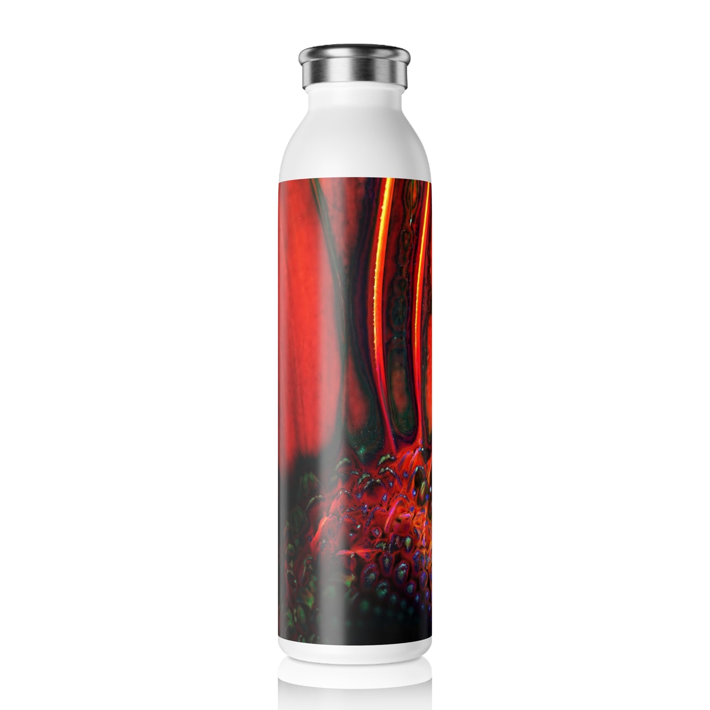 Abstract Psychedelic Orange Gerber Daisy Slim Water Bottle - Vibrant Bubble Design, Eco-Friendly Hydration, Gift for Nature Lovers, Workout Companion, Travel Mug