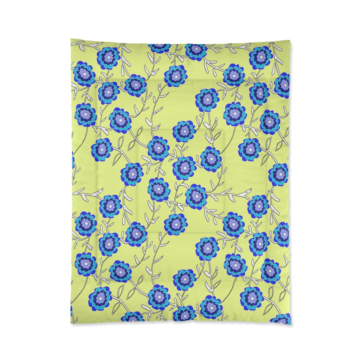 Blue Floral Comforter – Bright Lemon Yellow Background Cozy Bedspread