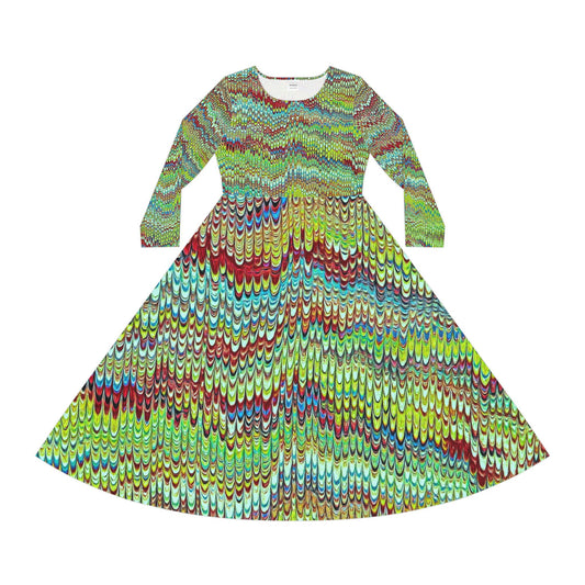 Green Marbling AOP Women's Dance Dress - Colorful Long Sleeve Dress for Parties, Events, Celebrations, Casual Outings, Dance Classes