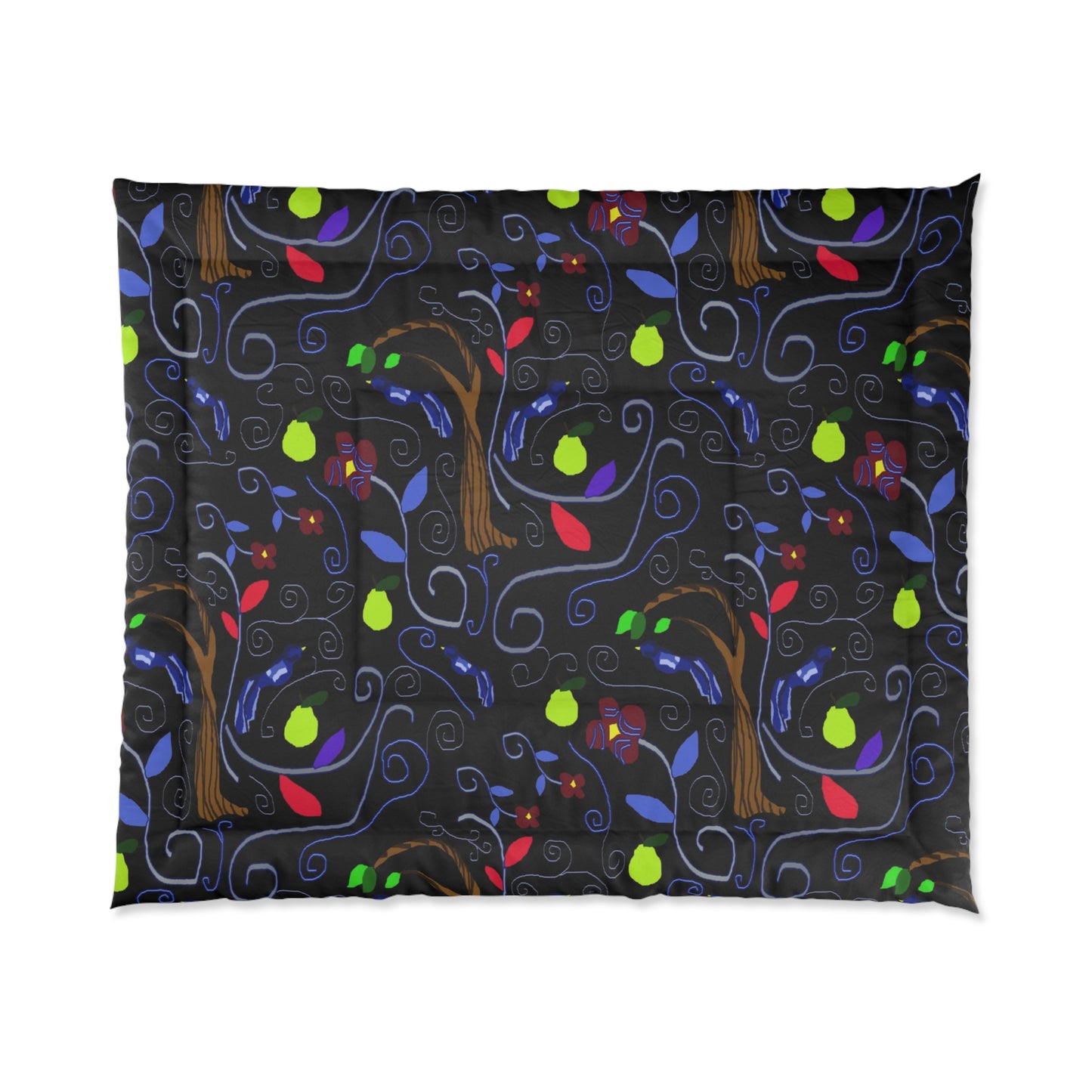 Dark Whimsical Tree Comforter – Colorful Leaf Pattern Bedding